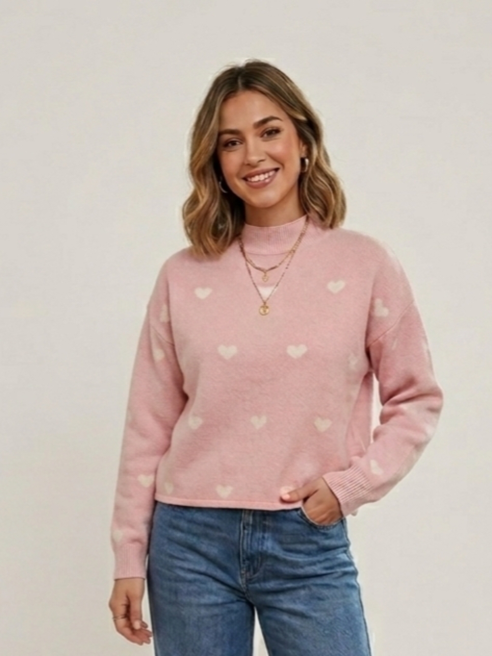 Urban Heritage Pink Heart Mock Neck M Knit Sweater Aesthetic
